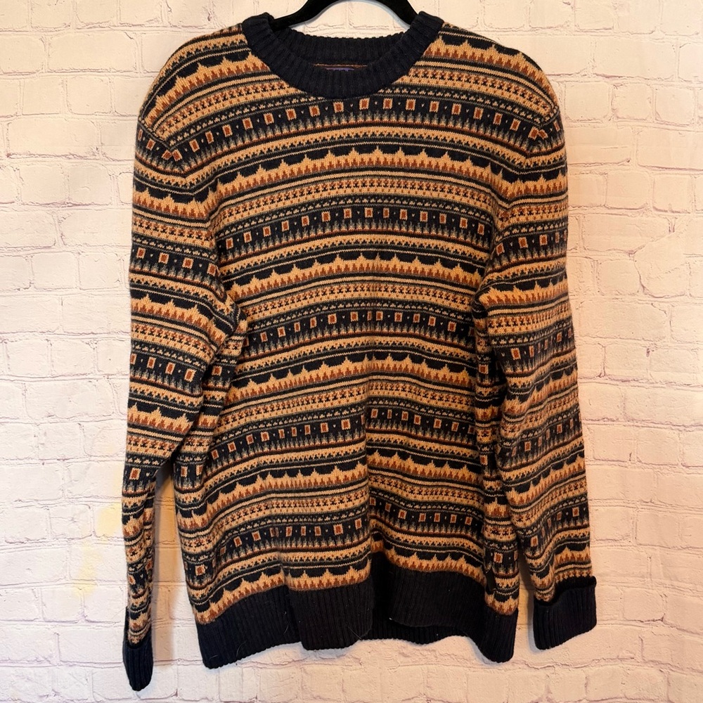 Patagonia Cottage Isle Crewneck Recycled Wool Blue & Tan Mens Sweater Size XL
